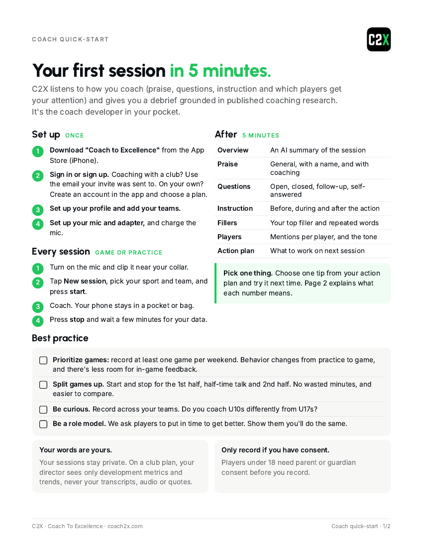First page of the C2X coach quick-start guide — your first session in 5 minutes